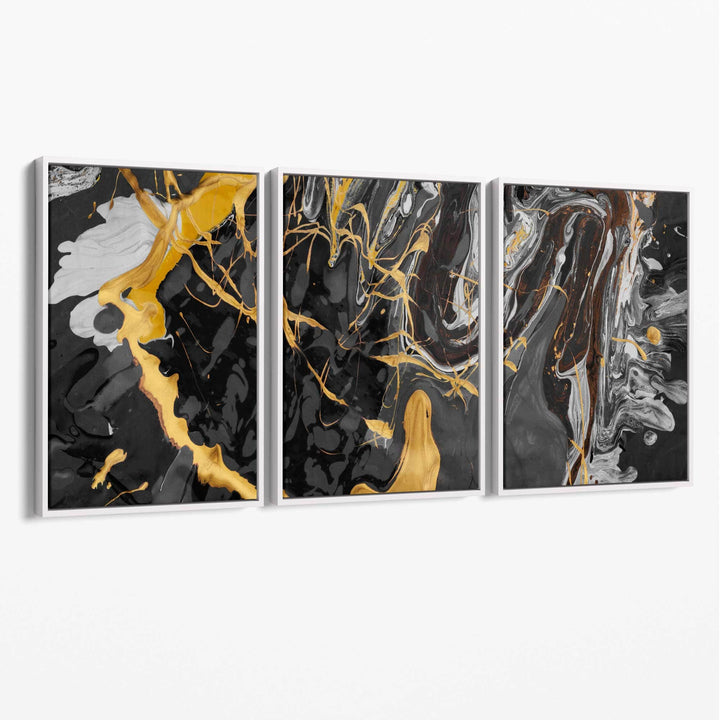 Abstrakt svart og gult kunstsett med 3 lerret