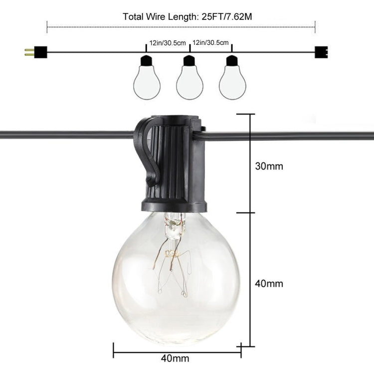 Skanto | G40-EU-25 G40 7.6m 175W E12 IP44 vanntett Retro Filament lyspærer lyskjede, 25 lyspærer LED dekorativ lampe for hage, bygg, bar, fest, bryllup, AC 220V, EU plugg (Varm Hvit)