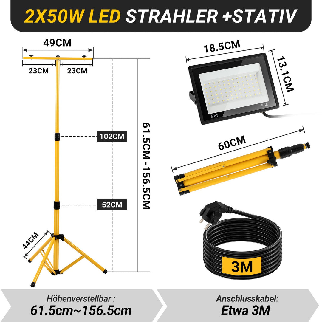 LED Konstruksjonslys 2 x 50W/100W/200W med Stativ Justerbar | Skanto