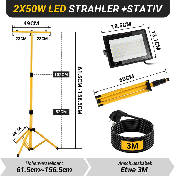 LED Konstruksjonslys 2 x 50W/100W/200W med Stativ Justerbar | Skanto