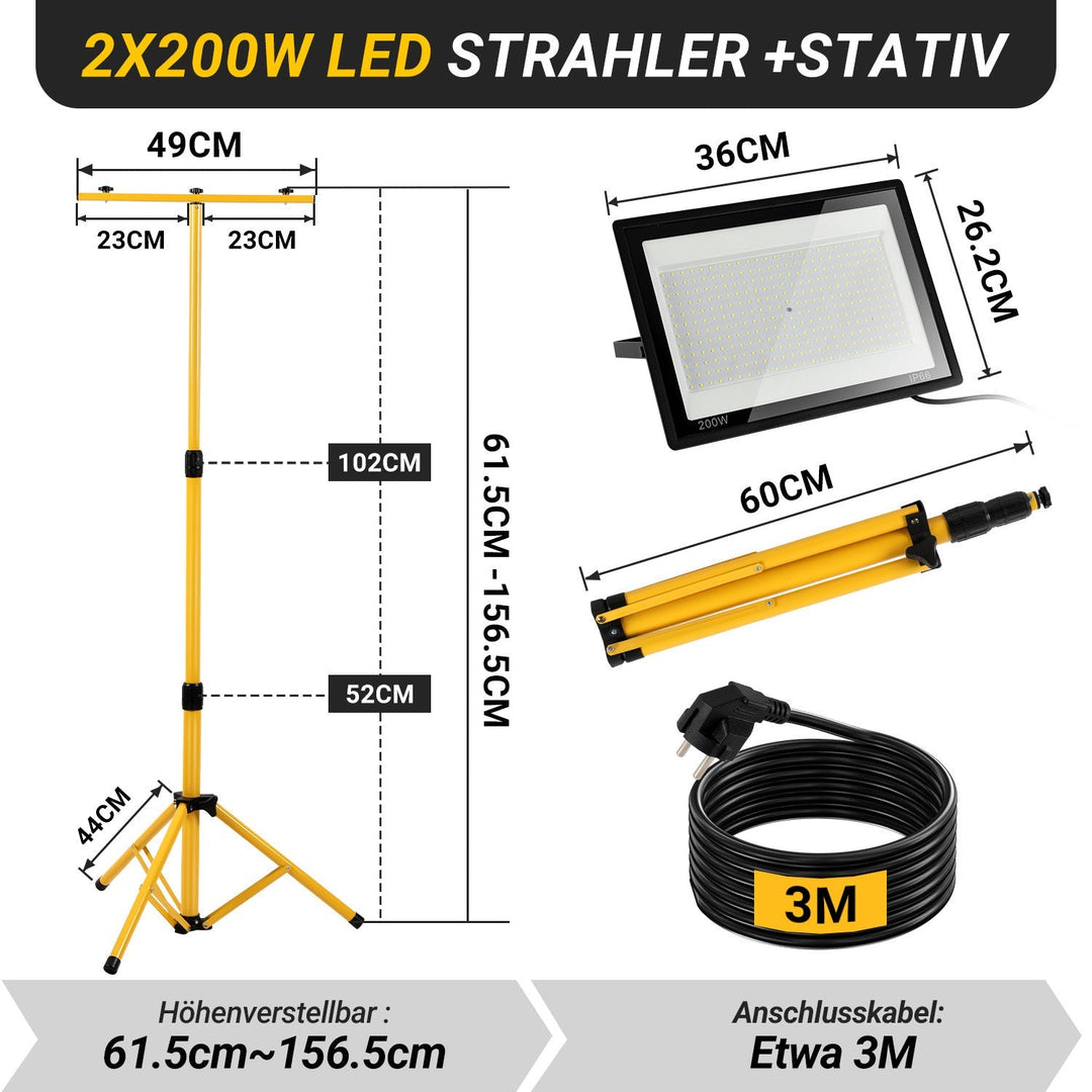 LED Konstruksjonslys 2 x 50W/100W/200W med Stativ Justerbar | Skanto