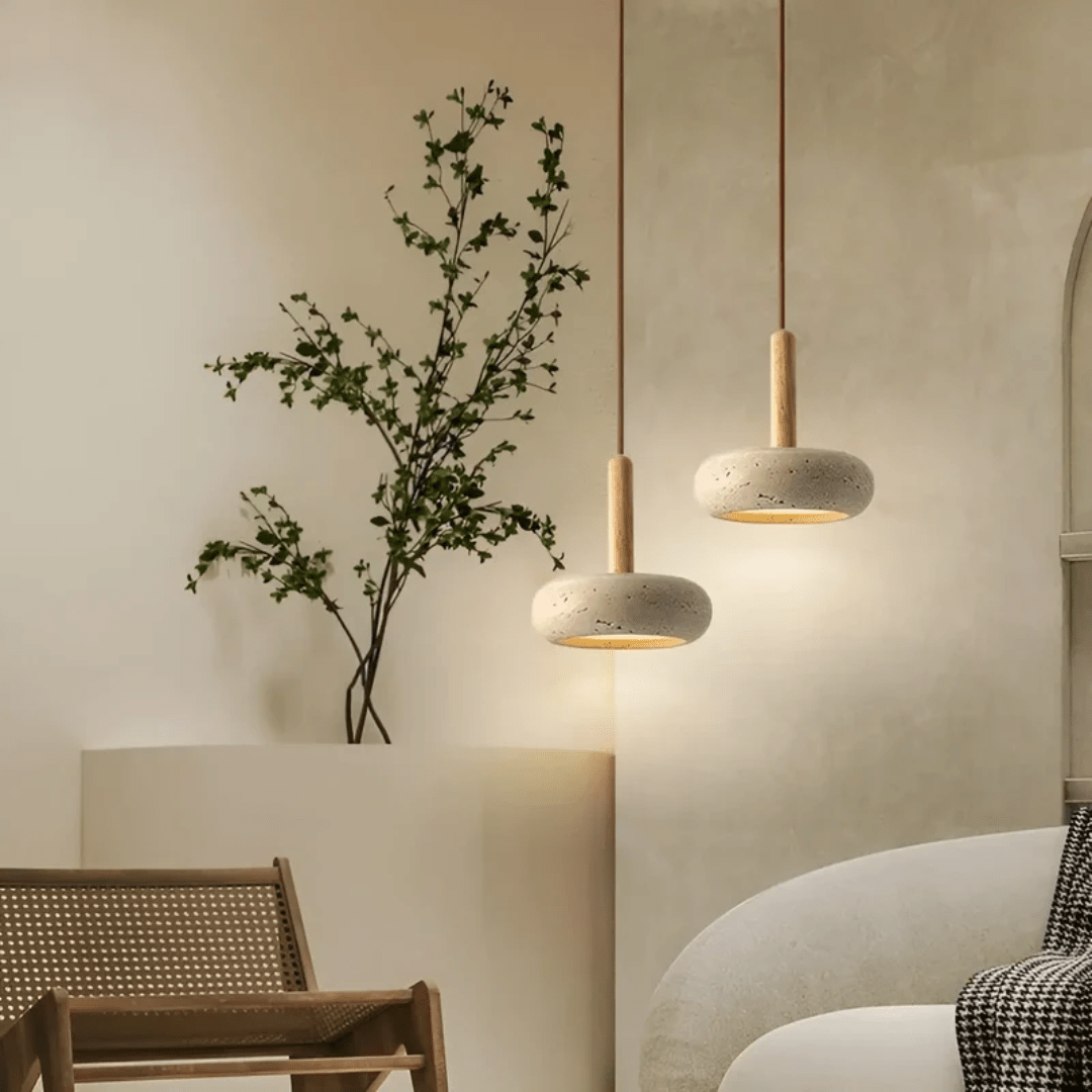 Skanto | LED Retro Taklampe laget av tre & stein for en beroligende atmosfære