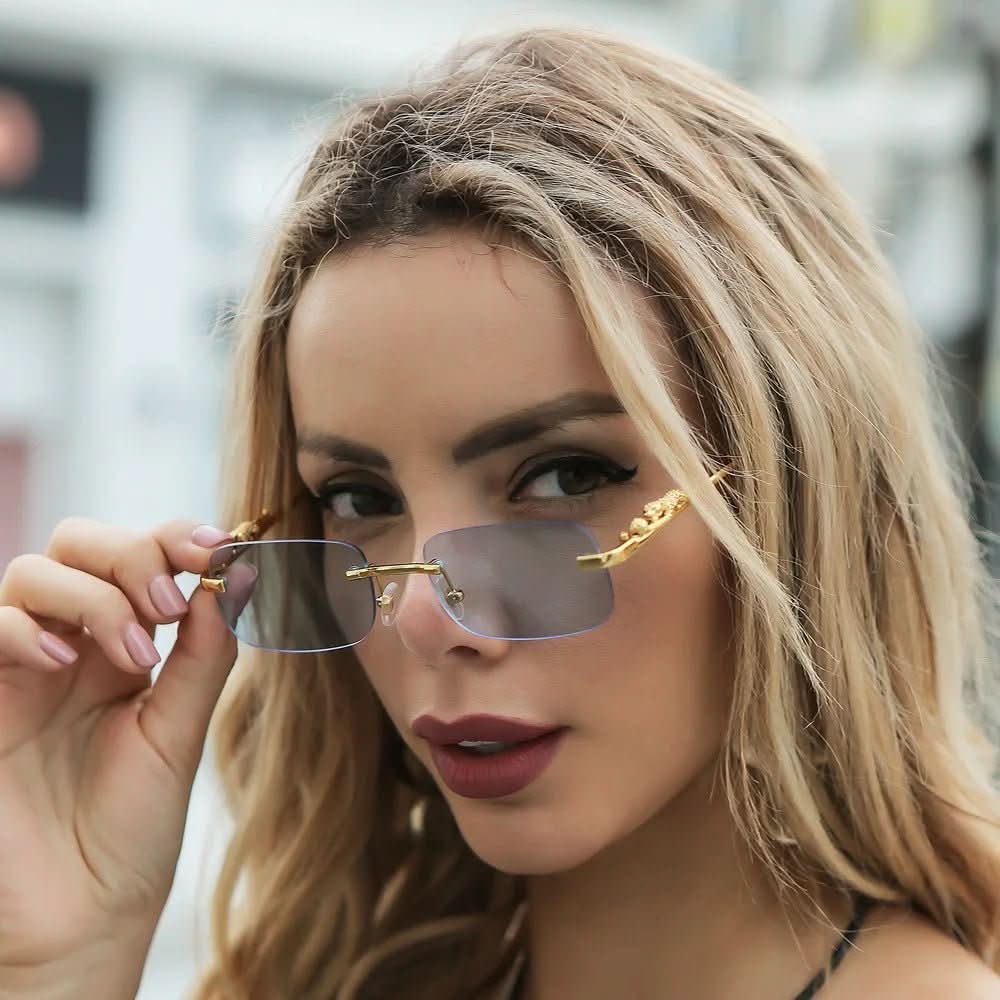 Randlose Sonnenbrille mit Leopardenkopf-Design og UV400-Schutz
