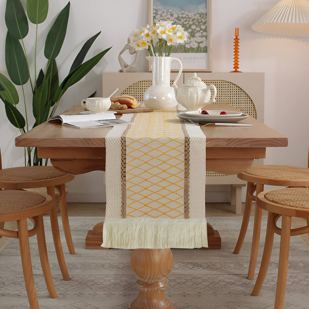 Boho Makrame Bomull Lin Table Runner med Frynser | Skanto