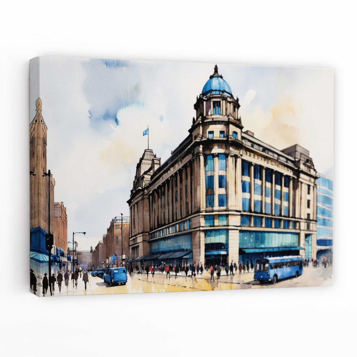 Abstrakt veggmaleri med den ikoniske Manchester City-bygningen i art deco-stil