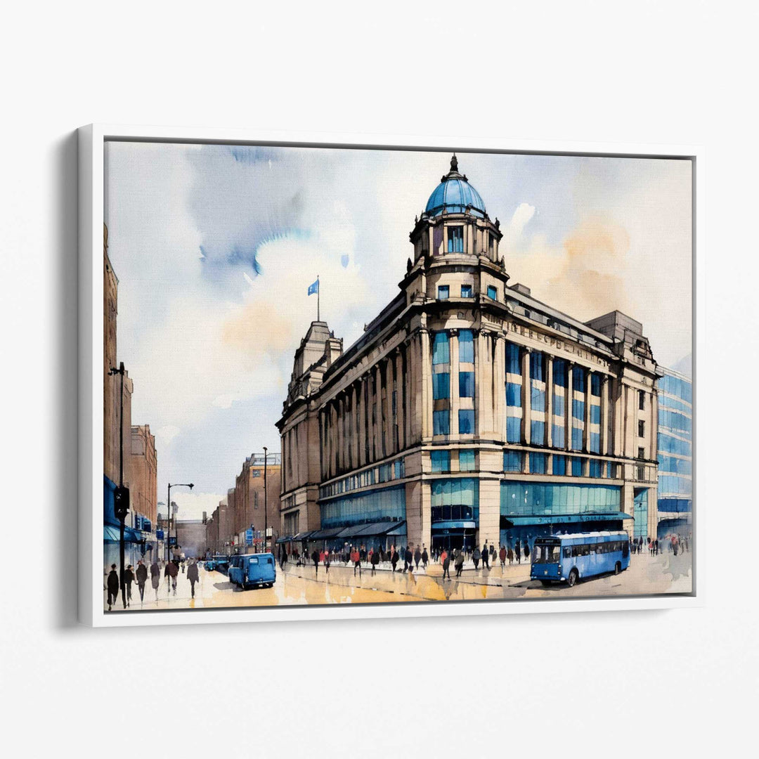 Abstrakt veggmaleri med den ikoniske Manchester City-bygningen i art deco-stil