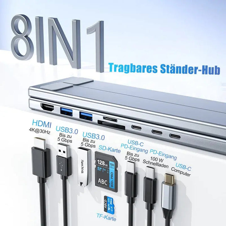 Sammenleggbart laptopstativ med 8-i-1-hub – For teknologientusiaster og hurtigladere