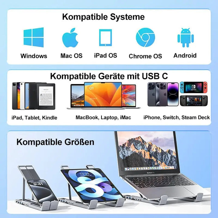 Sammenleggbart laptopstativ med 8-i-1-hub – For teknologientusiaster og hurtigladere