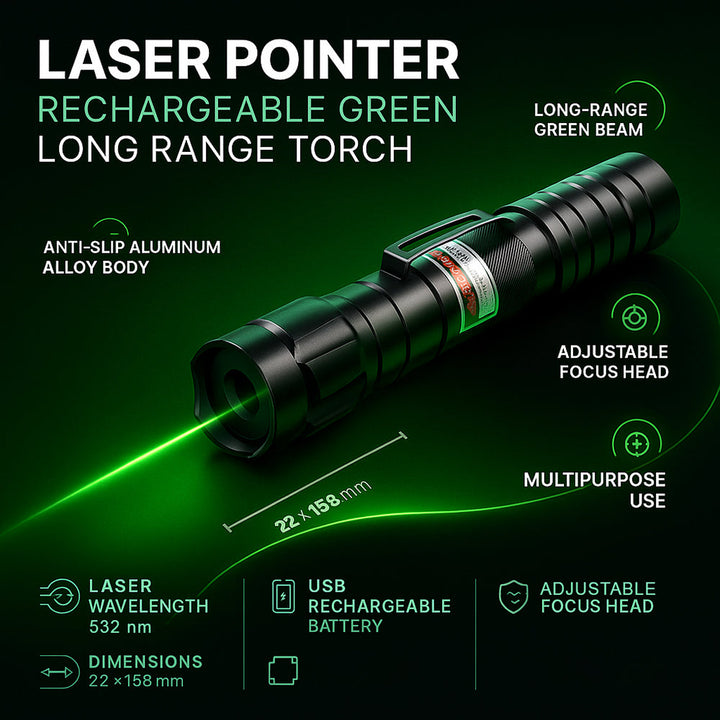 Skanto | Laserpeker Oppladbar Grønn Lang rekke Lommelykt