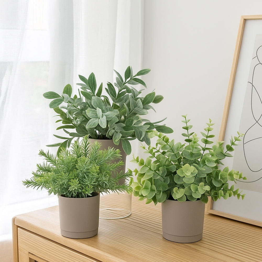 Skanto | Leafora Kunstige Planter i Moderne Potte Dekor | 3stk Sett