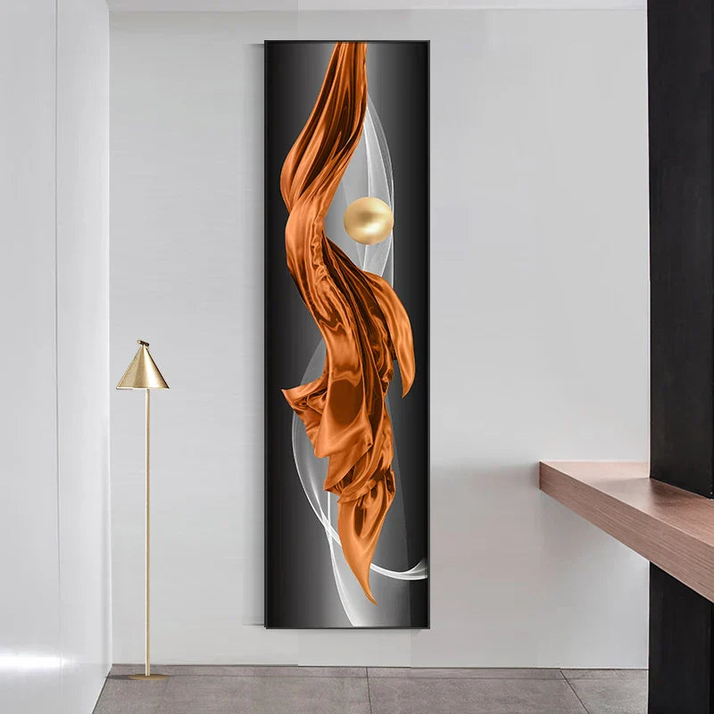 Lett Luxus Abstrakt Gylden Drapering Fin Kunst Lerret Trykk Vertikale Vegg Kunst Stykker med Rike Amber Toner og Glitrende Kule for Moderne Hjem eller Kontordekor | Skanto