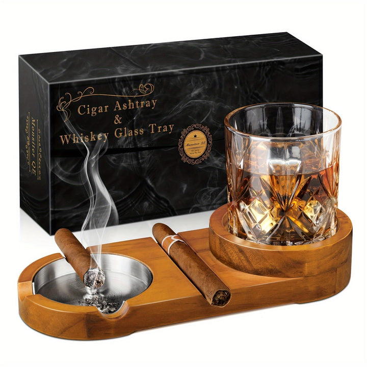 Skanto | CigarOak Ashtøy med Whiskeyholder – Luksuriøs Trebolle for Sigareentusiaster