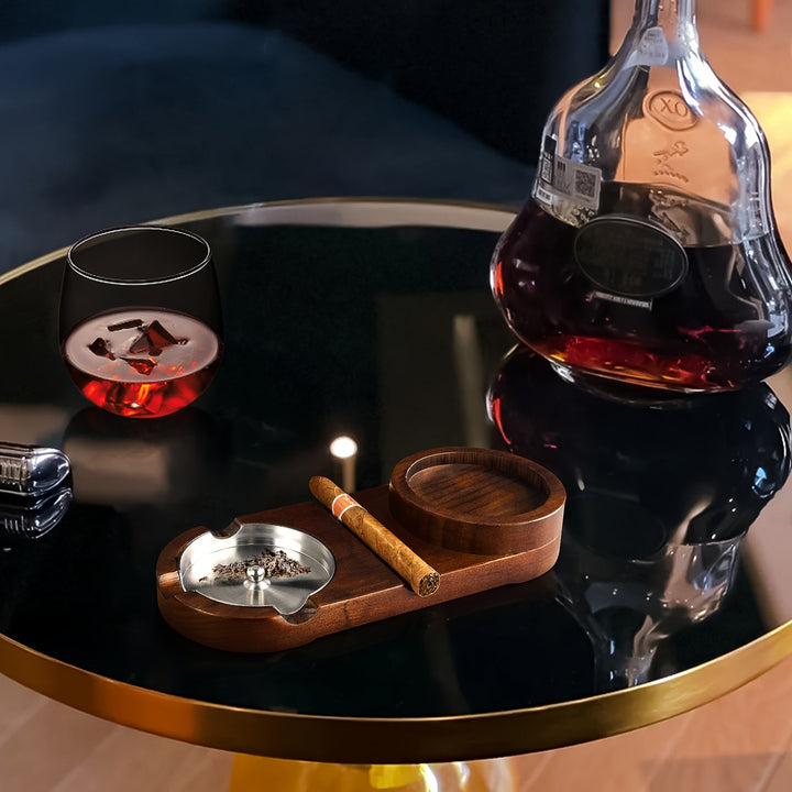 CigarOakAschenbecher mit Whiskyhalter – Luksuriøs Holztablett für Zigarrenliebhaber