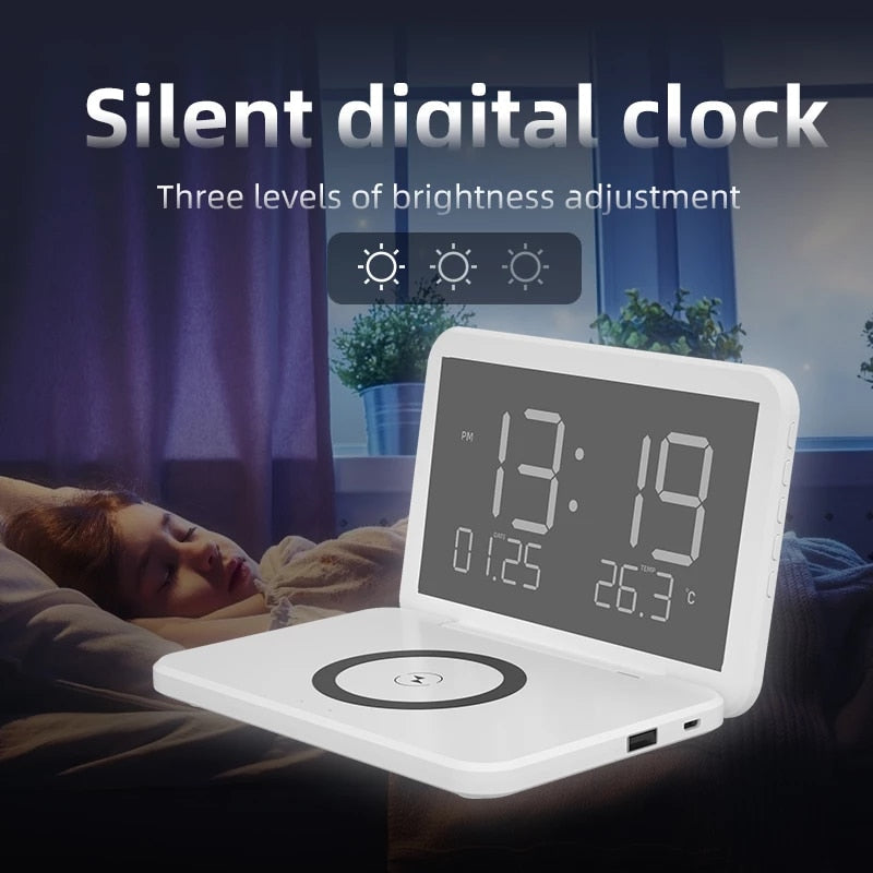 Skanto | 15W Rask Trådløs Lading Digital Vekkerklokke med Temperaturlys