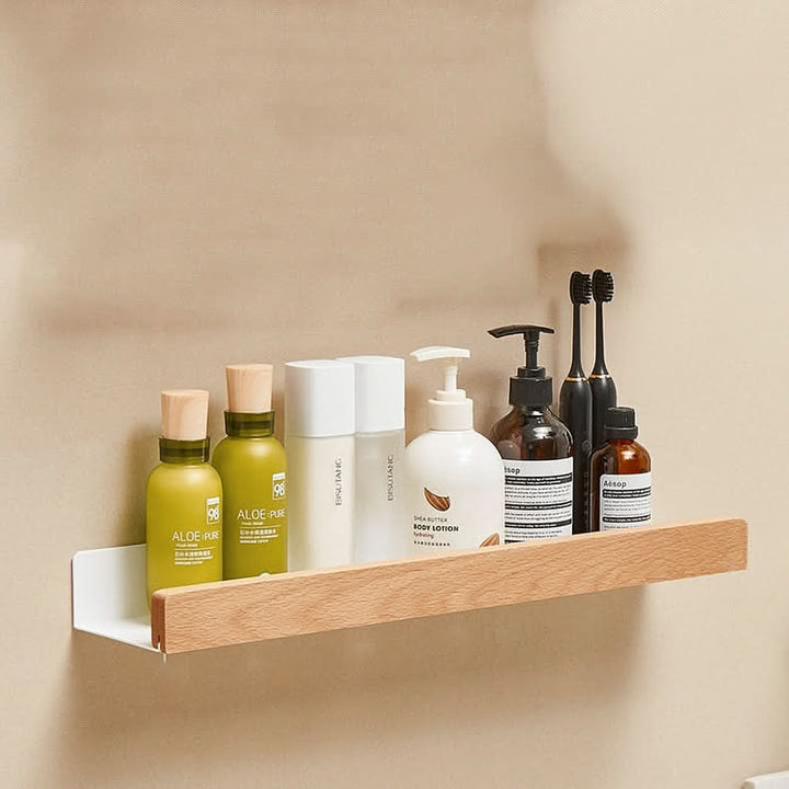 Skanto | Woodify Håndklestativ – Ingen-bore Vegghengt Dusjhylde med Treakenter