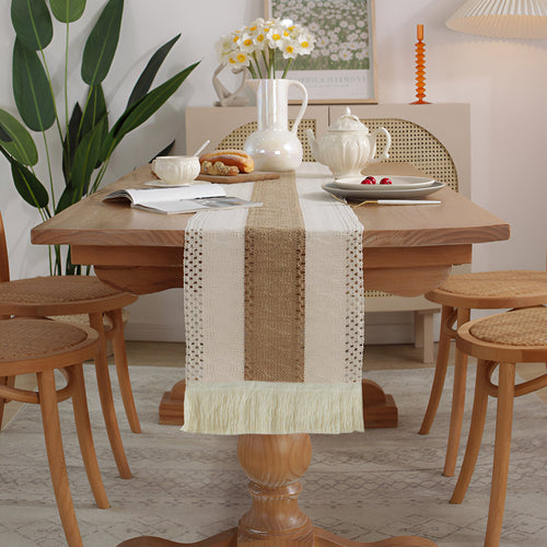 Boho Makrame Bomull Lin Table Runner med Frynser | Skanto