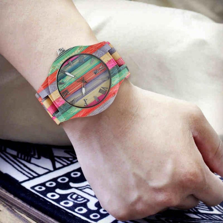 Skanto | Menn Kvinner Moteklær Fargerik Tre Bambus Klokke Kvarts Analog Håndlaget Full Tre Armbånd Luksus Klokker Gaver til Elskere