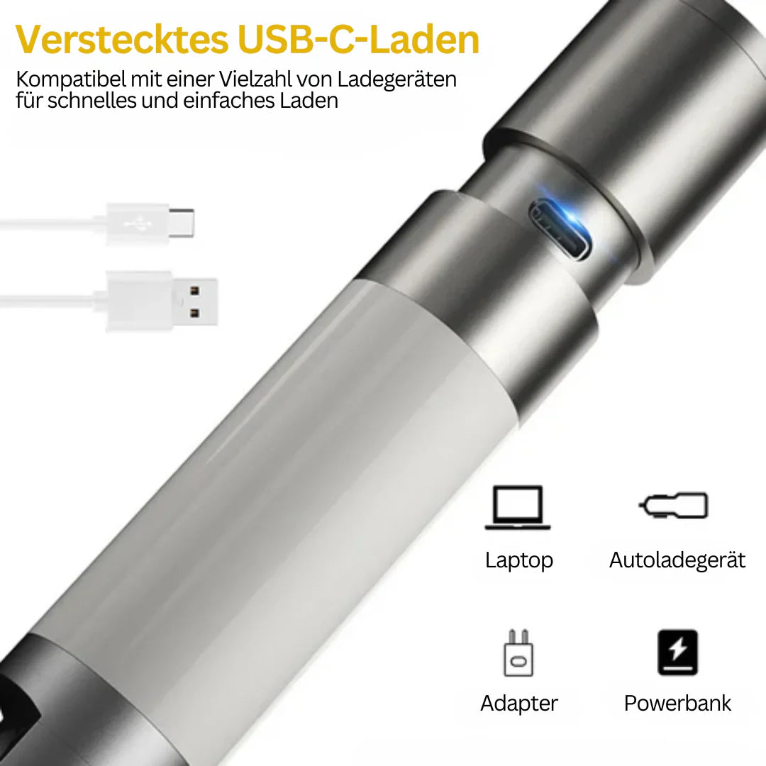 Skanto | LED lommelykt med flerfargede filtre – Oppladbar USB-C lampe med camping- og nødlys funksjon
