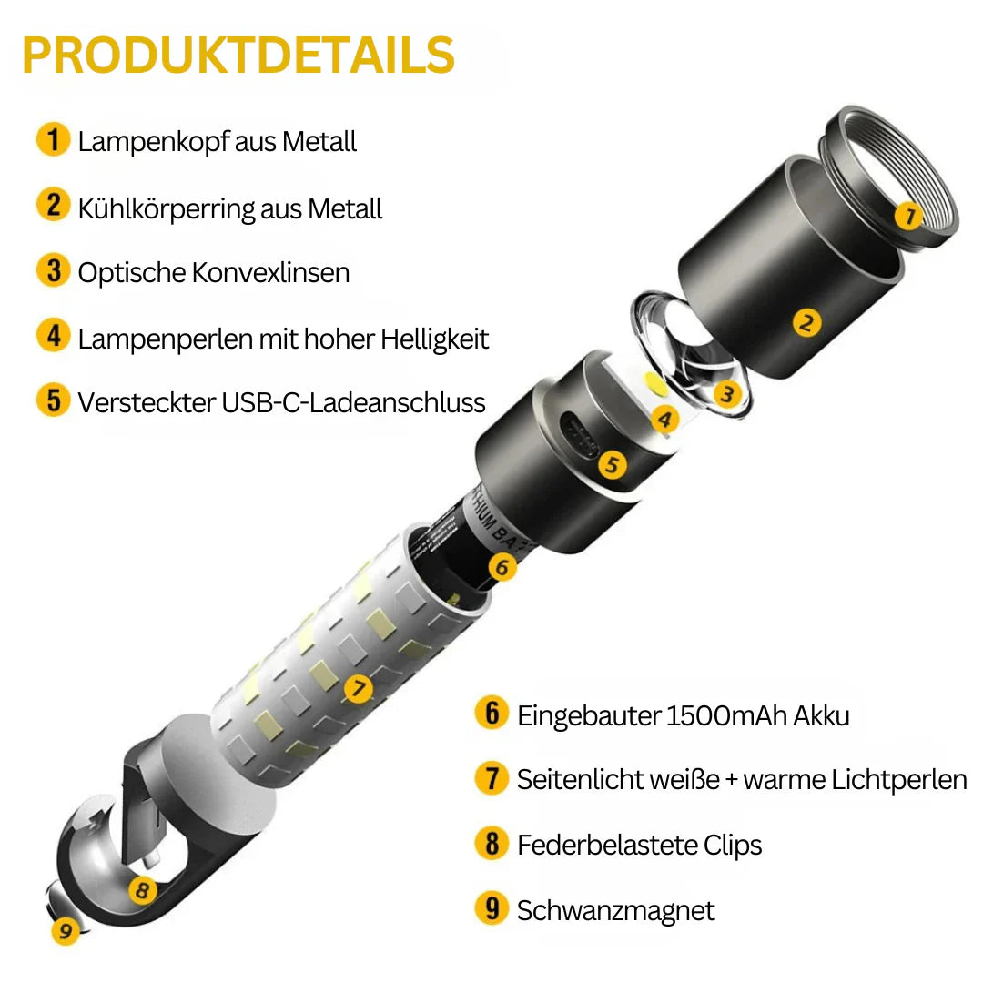 Skanto | LED lommelykt med flerfargede filtre – Oppladbar USB-C lampe med camping- og nødlys funksjon