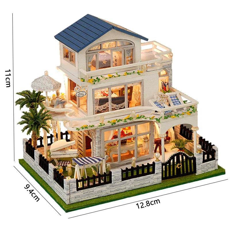 Skanto | Miniatyr Tre Dukkehus – Kreativ Byggesett med LED-Belysning & Møbler