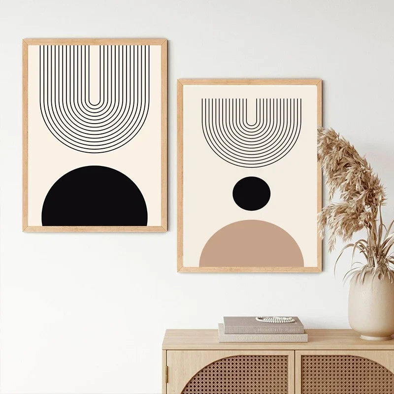 Minimalistisk abstrakt geometrisk månefaser linjekunst veggkunst fine art lerrettrykk bilder for moderne leilighet stue nordisk interiør | Skanto