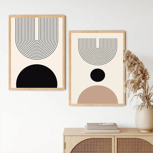 Minimalistisk abstrakt geometrisk månefaser linjekunst veggkunst fine art lerrettrykk bilder for moderne leilighet stue nordisk interiør | Skanto