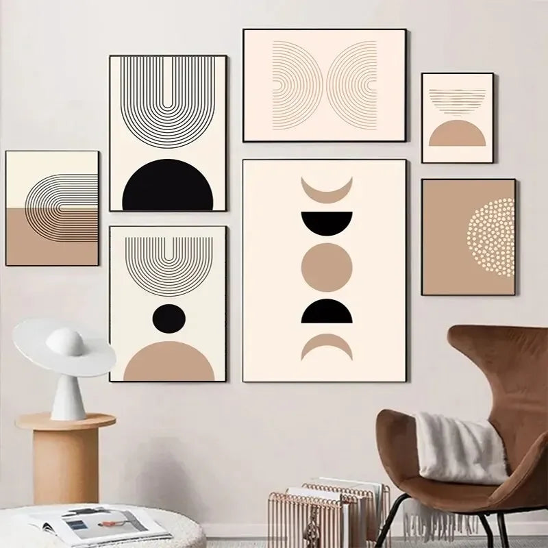 Minimalistisk abstrakt geometrisk månefaser linjekunst veggkunst fine art lerrettrykk bilder for moderne leilighet stue nordisk interiør | Skanto
