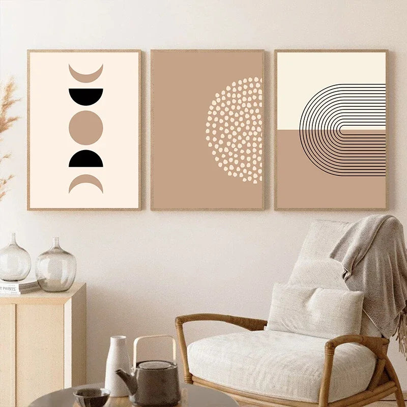 Minimalistisk abstrakt geometrisk månefaser linjekunst veggkunst fine art lerrettrykk bilder for moderne leilighet stue nordisk interiør | Skanto