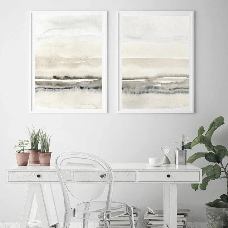 Minimalistisk abstrakt landskapsveggkunst Fine Art lerretsutskrifter Beige Grå bilder for moderne stue soverom spisestueSkandinavisk interiør | Skanto