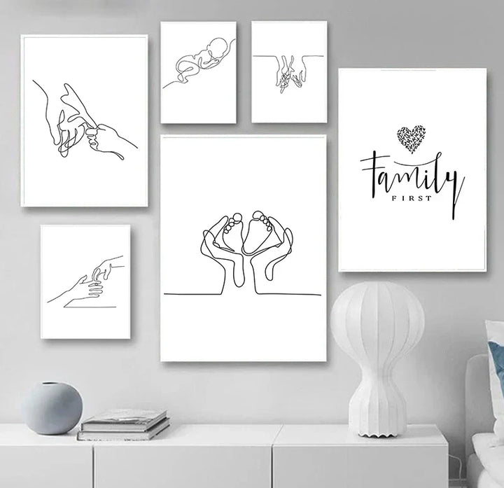 Minimalistisk svart-hvitt linjekunst veggkunst Fin kunst lerretsutskrifter Familieinspirerte figurer kunst Inspirasjonsbilder for moderne interiør | Skanto