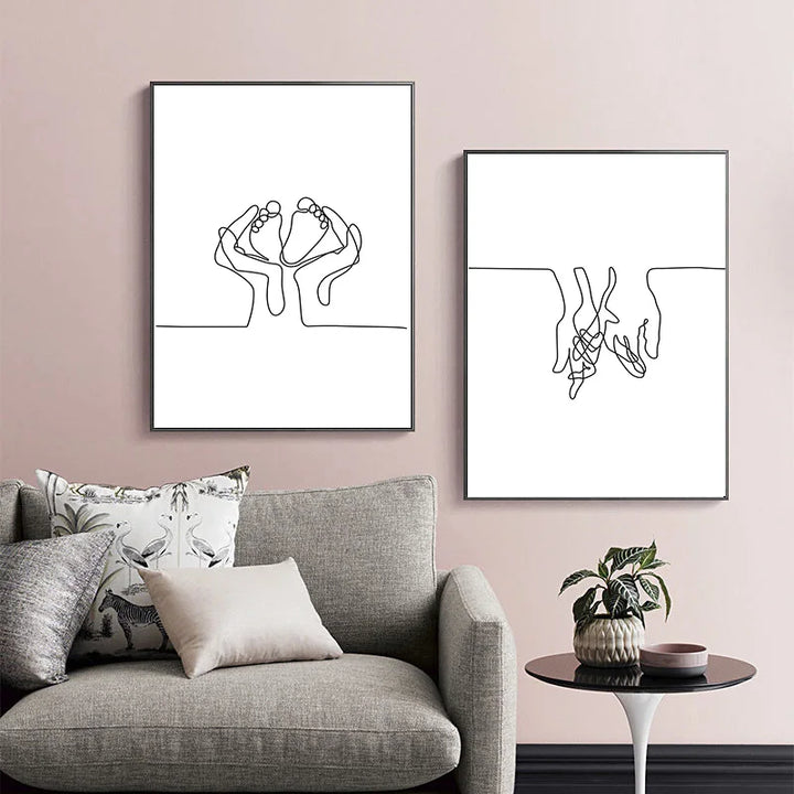 Minimalistisk svart-hvitt linjekunst veggkunst Fin kunst lerretsutskrifter Familieinspirerte figurer kunst Inspirasjonsbilder for moderne interiør | Skanto