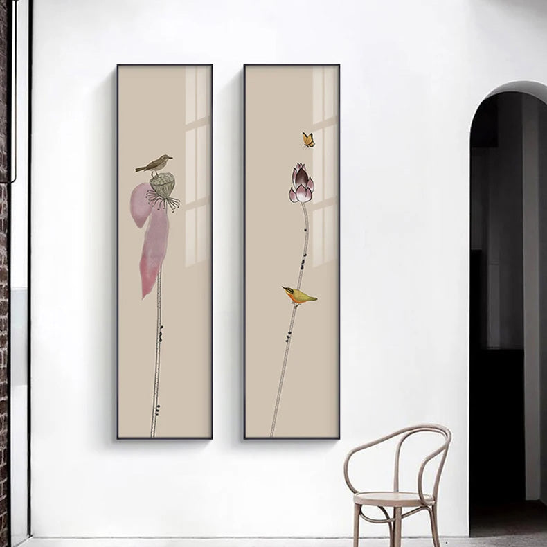 Minimalist Floral Bird & Butterfly Wall Art Fine Art Canvas Prints Tall Vertical Pictures for Foyer Lobby Reception Room Art Decor | Skanto