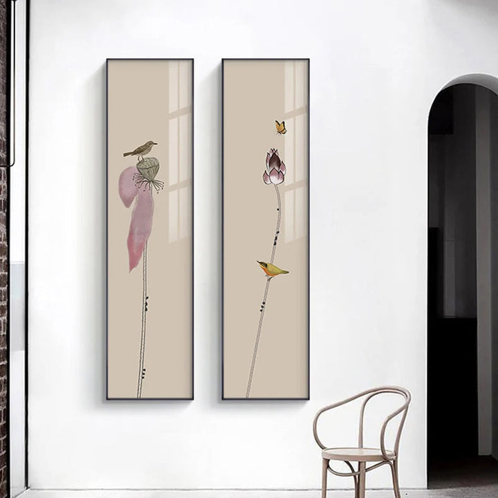 Minimalist Floral Bird & Butterfly Wall Art Fine Art Canvas Prints Tall Vertical Pictures for Foyer Lobby Reception Room Art Decor | Skanto