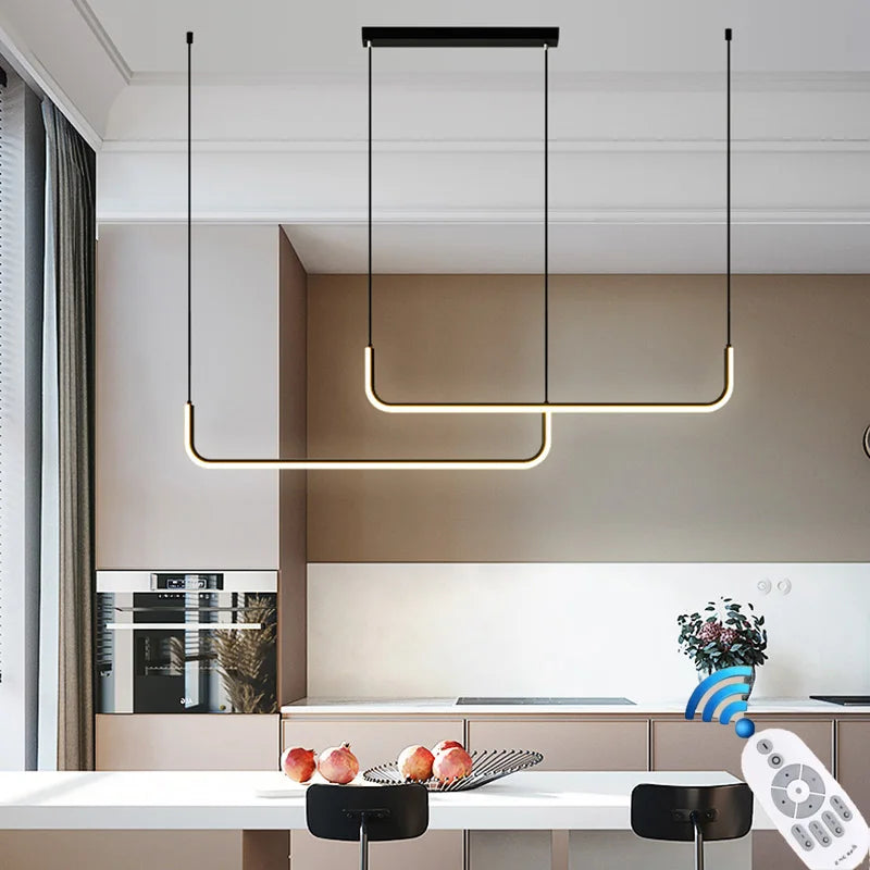 Moderne gullkrone for spisestue og stue – minimalistisk design med justerbare LED-pendler | Skanto