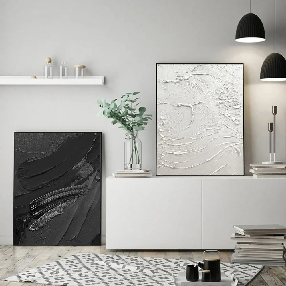 Moderne abstrakte svart-hvitt minimalistisk veggkunst fine art lerretsutskrifter teksturell design bilder for moderne loftleiligheter hjemmekontor dekor | Skanto