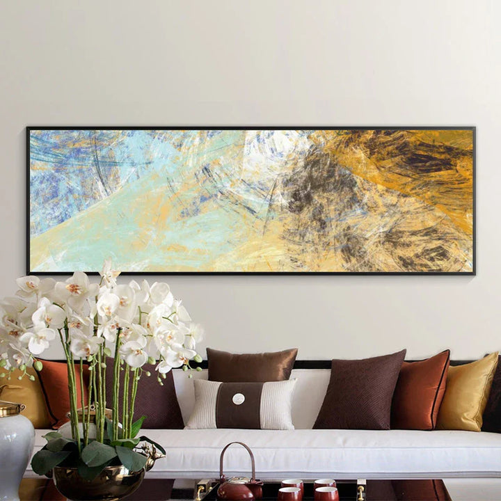 Moderne abstrakte blå og gule fargeprikker veggkunst Fine Art lerrettrykk bredformatbilder for over sofaen soveroms kunst for over sengen | Skanto