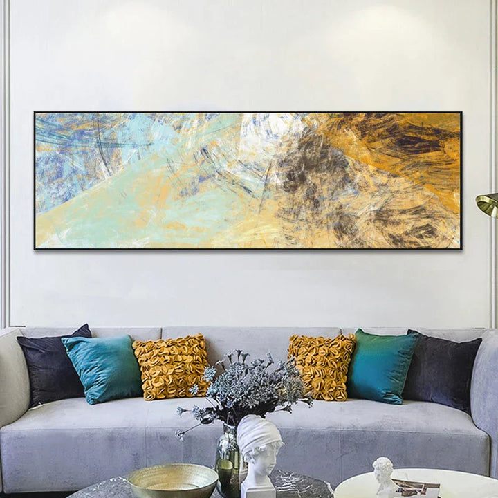 Moderne abstrakte blå og gule fargeprikker veggkunst Fine Art lerrettrykk bredformatbilder for over sofaen soveroms kunst for over sengen | Skanto