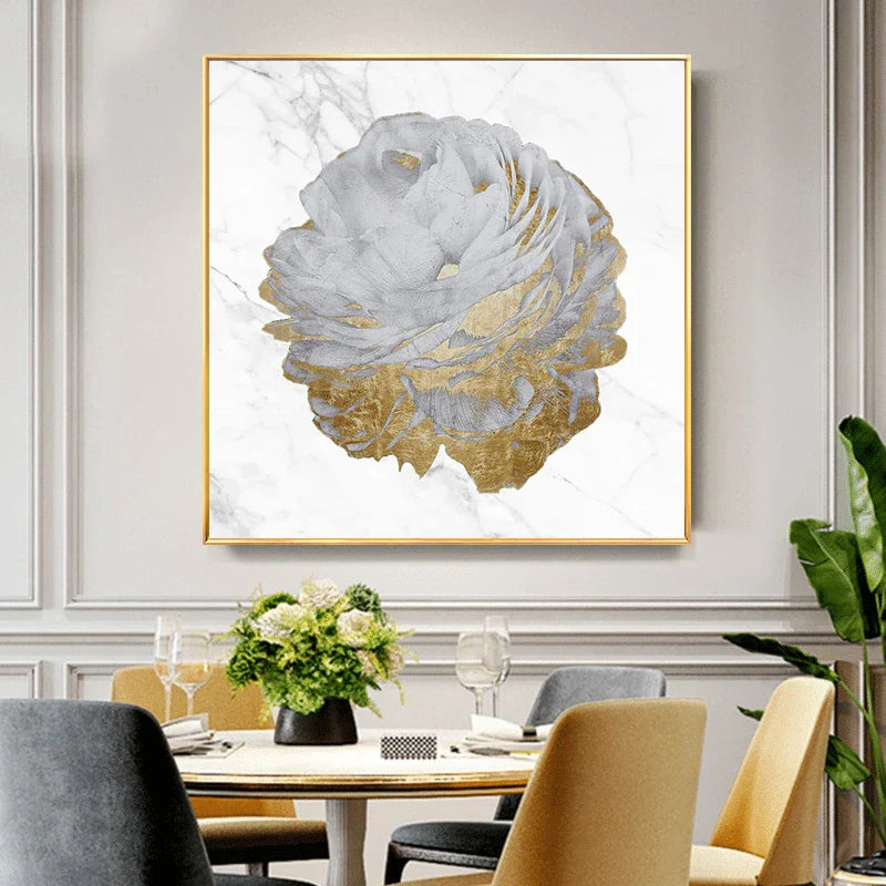 Moderne abstrakte blomster veggkunst Fine Art lerretutskrifter kvadratisk format hvite gull blomsterbilder for stue soverom kunstdekorasjon | Skanto