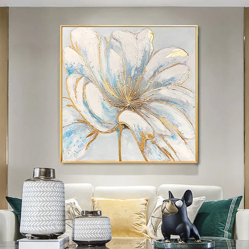 Moderne abstrakte blomster veggkunst Fine Art lerretutskrifter kvadratisk format hvite gull blomsterbilder for stue soverom kunstdekorasjon | Skanto