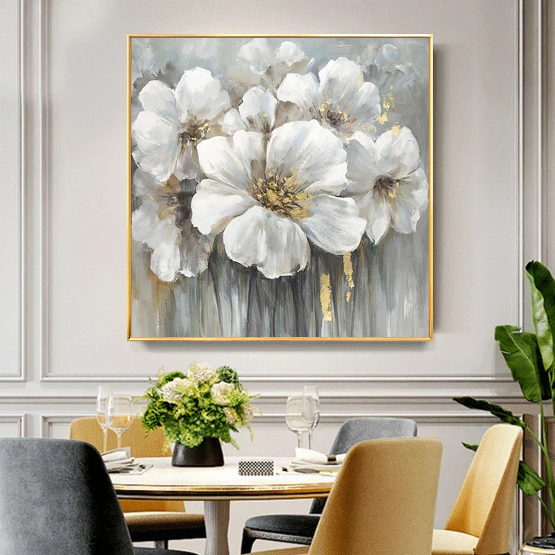 Moderne abstrakte blomster veggkunst Fine Art lerretutskrifter kvadratisk format hvite gull blomsterbilder for stue soverom kunstdekorasjon | Skanto