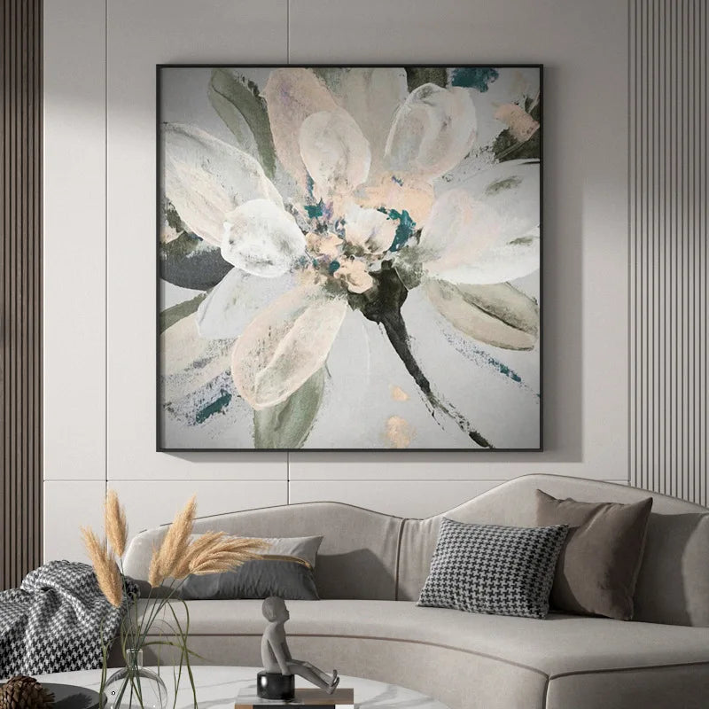 Moderne abstrakte blomster veggkunst Fine Art lerretutskrifter kvadratisk format hvite gull blomsterbilder for stue soverom kunstdekorasjon | Skanto
