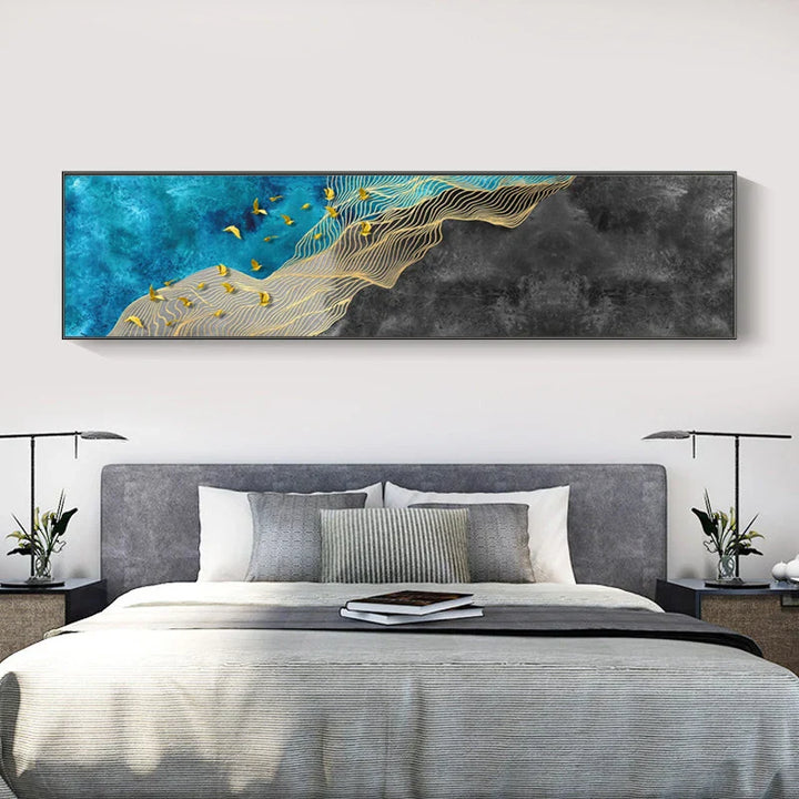 Abstrakte Gyldne Fugl I Den Blå Himmelen Bredformat Veggkunst Fine Art Lerretsutskrifter Bilde For Over Sengen Kunst For Over Sofaen | Skanto
