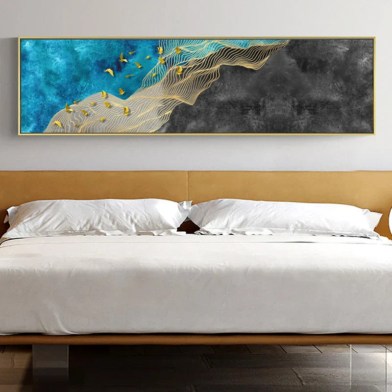 Abstrakte Gyldne Fugl I Den Blå Himmelen Bredformat Veggkunst Fine Art Lerretsutskrifter Bilde For Over Sengen Kunst For Over Sofaen | Skanto