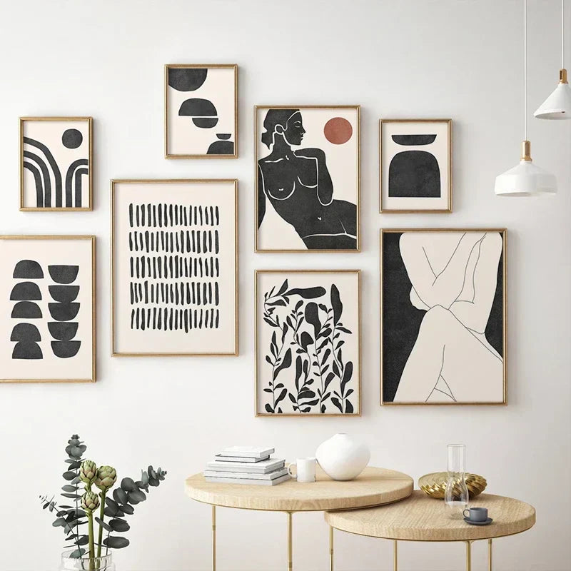 Moderne abstrakte minimalistische feminine kroppskunst linjekunst veggkunst Fine Art lerrettrykk svart hvitt plakatbilder for moderne interiør | Skanto