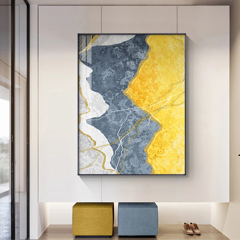 Moderne abstrakte gråtoner blå gul veggkunst fine kunst lerretsutskrifter bilder for moderne leilighet stuer lett luksus husinnredning | Skanto