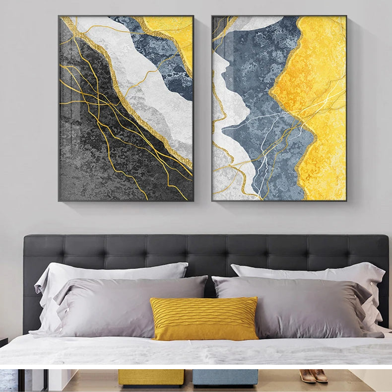 Moderne abstrakte gråtoner blå gul veggkunst fine kunst lerretsutskrifter bilder for moderne leilighet stuer lett luksus husinnredning | Skanto