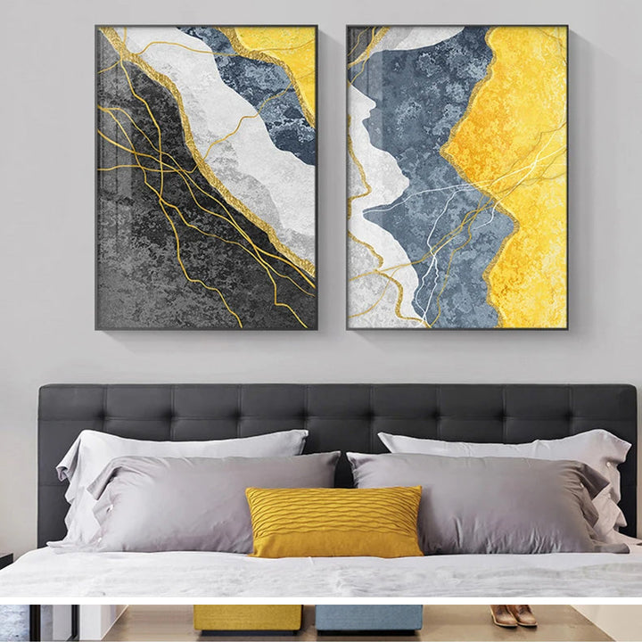 Moderne abstrakte gråtoner blå gul veggkunst fine kunst lerretsutskrifter bilder for moderne leilighet stuer lett luksus husinnredning | Skanto