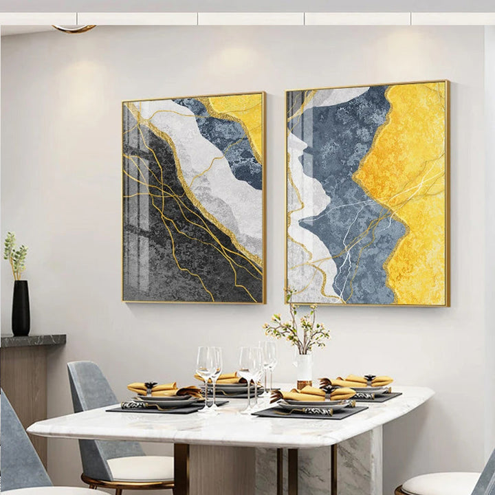Moderne abstrakte gråtoner blå gul veggkunst fine kunst lerretsutskrifter bilder for moderne leilighet stuer lett luksus husinnredning | Skanto