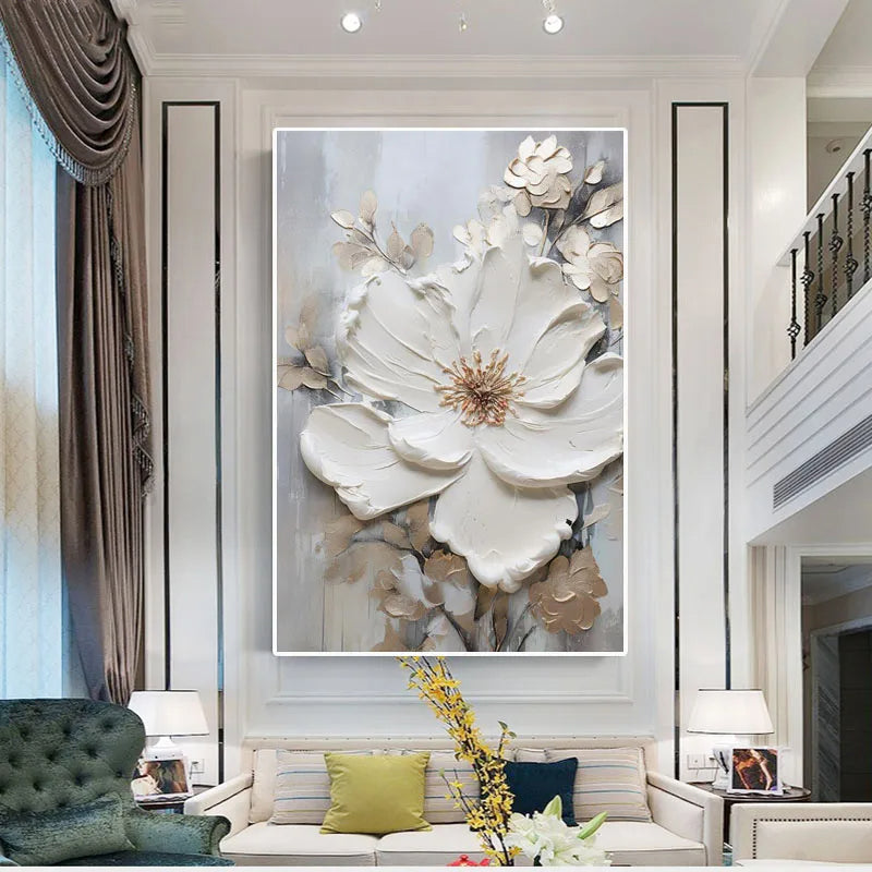 Modern Abstract White Floral Wall Art Fine Art Canvas Print Light Luxury Botanical Pictures for Living Room Entryway Hallway Wall | Skanto
