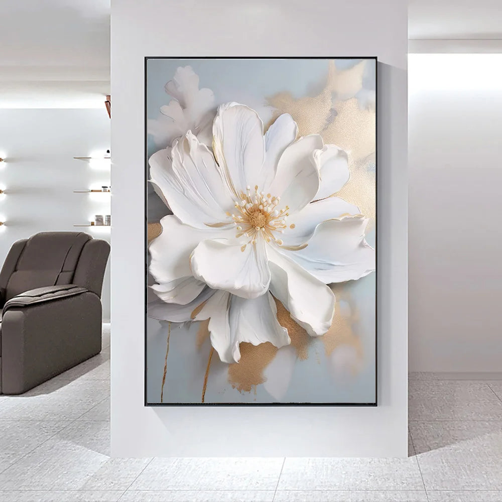 Modern Abstract White Floral Wall Art Fine Art Canvas Print Light Luxury Botanical Pictures for Living Room Entryway Hallway Wall | Skanto